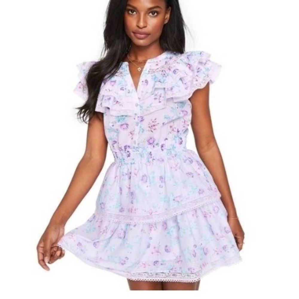 LoveShackFancy Floral Mini Dress in Lavender and White - Picture 3 of 11